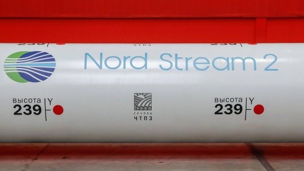 Nord Stream 2 logo on a large diameter pipe. File photo