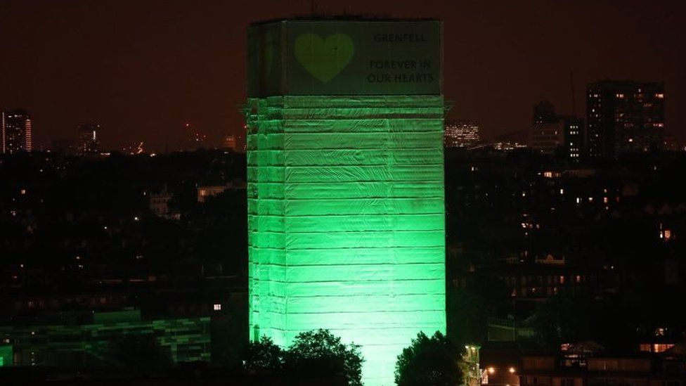 Grenfell tower illuminated green