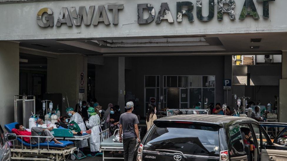 Patients being treated outside a hospital in Semarang