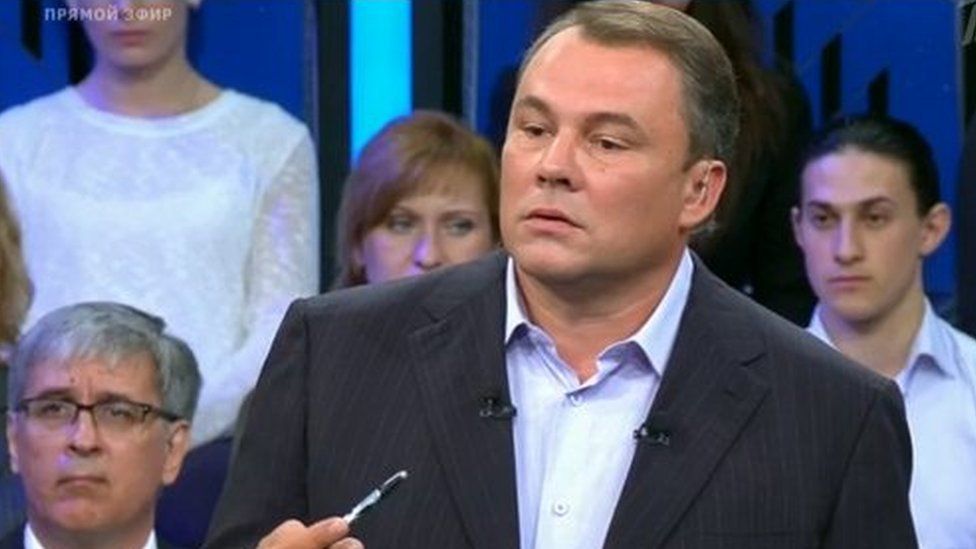 Russian TV presenter Pyotr Tolstoy - grab from live TV debate, Russian Channel One