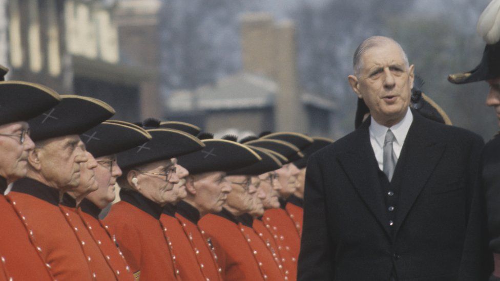 French President Charles de Gaulle inspecting the Chelsea Pensioners in London during a state visit to Great Britain, April 1960