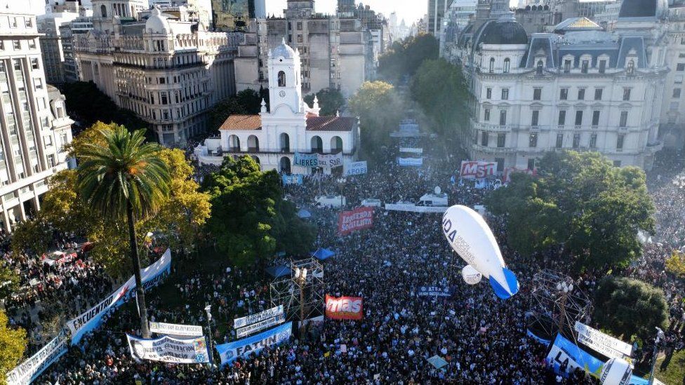 A drone picture shows an aerial view of protests against university cuts in Buenos Aires