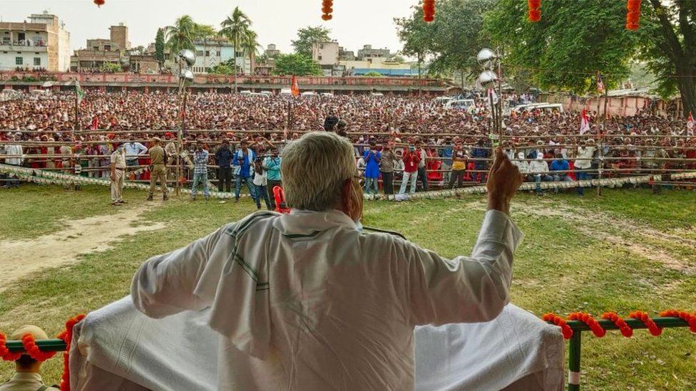 Bihar Chief Minister Nitish Kumar addresses an election campaign rally ahead of Bihar Assembly election on October 22, 2020 in Hasanpur, India.
