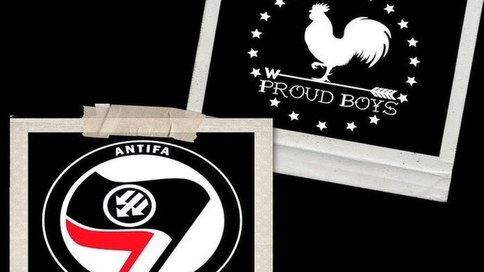 Photo collage of Antifa and Proud Boys