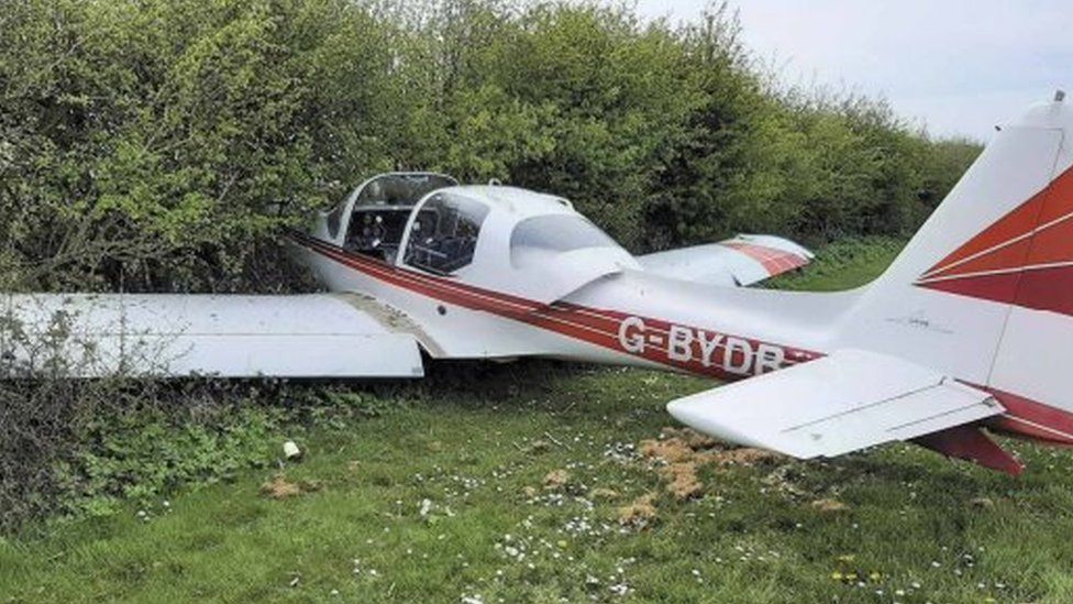A plane in a hedge at Clacton Airfield, Essex