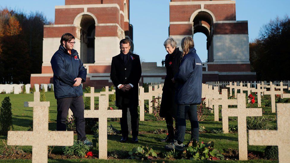 Theresa May and Emmanuel Macron at the World War One French-British memorial of Thiepval, northern France