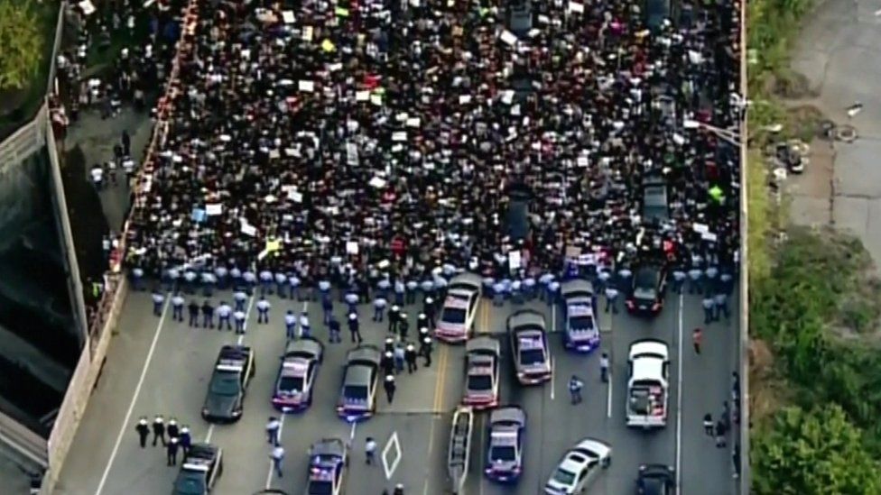 A mass protest blocked roads in Atlanta, Georgia, but was peaceful, 8 July