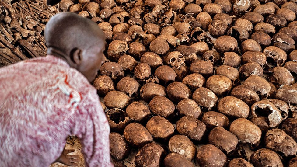 Leader of Mubirizi village organising skulls, Rwanda - Friday 5 May 2023