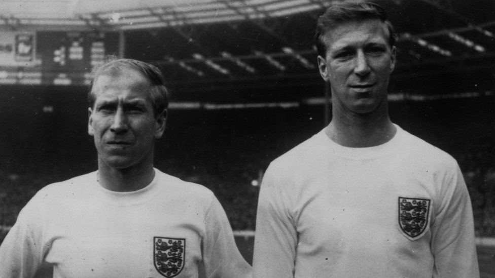 Bobby and Jack Charlton together in England kits in 1965