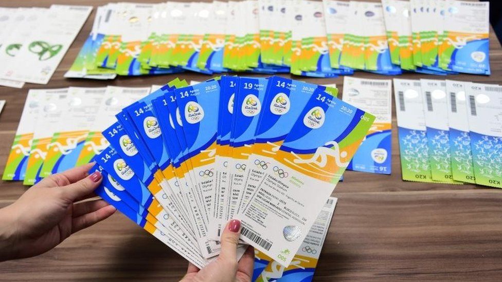 Tickets of the Rio 2016 Olympic Games seized to one of the directors of THG Sports, a company of international business events and information group Marcus Evans, Irish Kevin James Mallon, are displayed during a press conference at the City Police"s station in Benfica, north of Rio de Janeiro, Brazil, on August 8, 2016