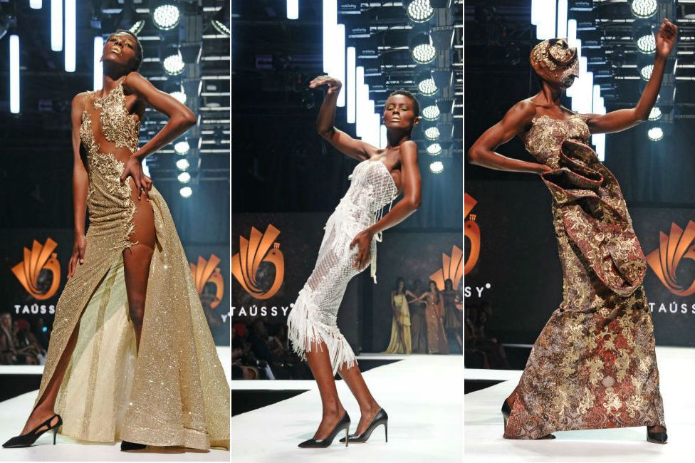 Three difference designs are showcased by model at the Taússy Daniel show during Johannesburg Fashion Week.