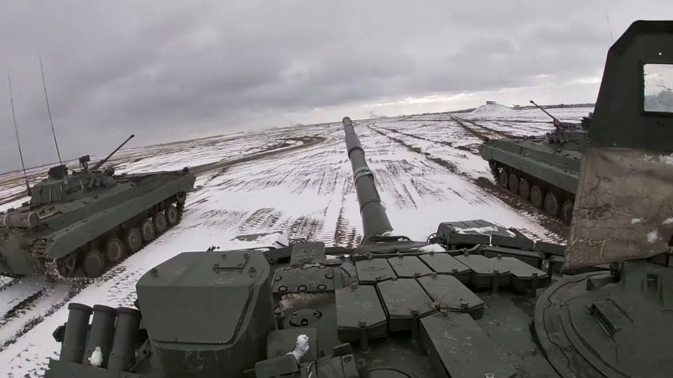 Tanks ride during joint exercises of the armed forces of Russia and Belarus as part of an inspection of the Union State"s Response Force, at a firing range in Belarus. File photo