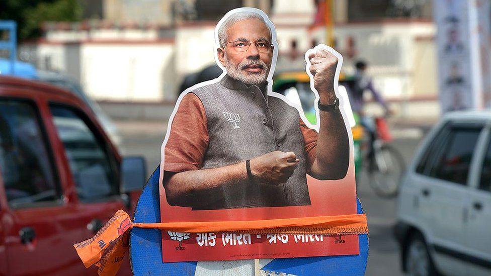 A cutout of PM Modi at a busy intersection in Vadodara on May 16, 2014