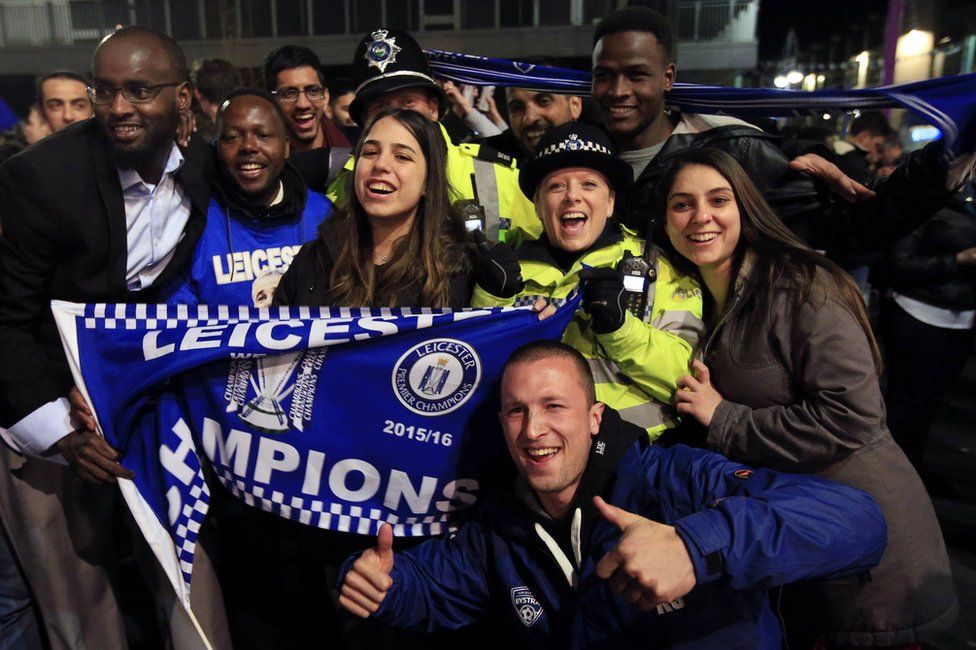 Fans celebrating the night Leicester City clinched the Premier League title