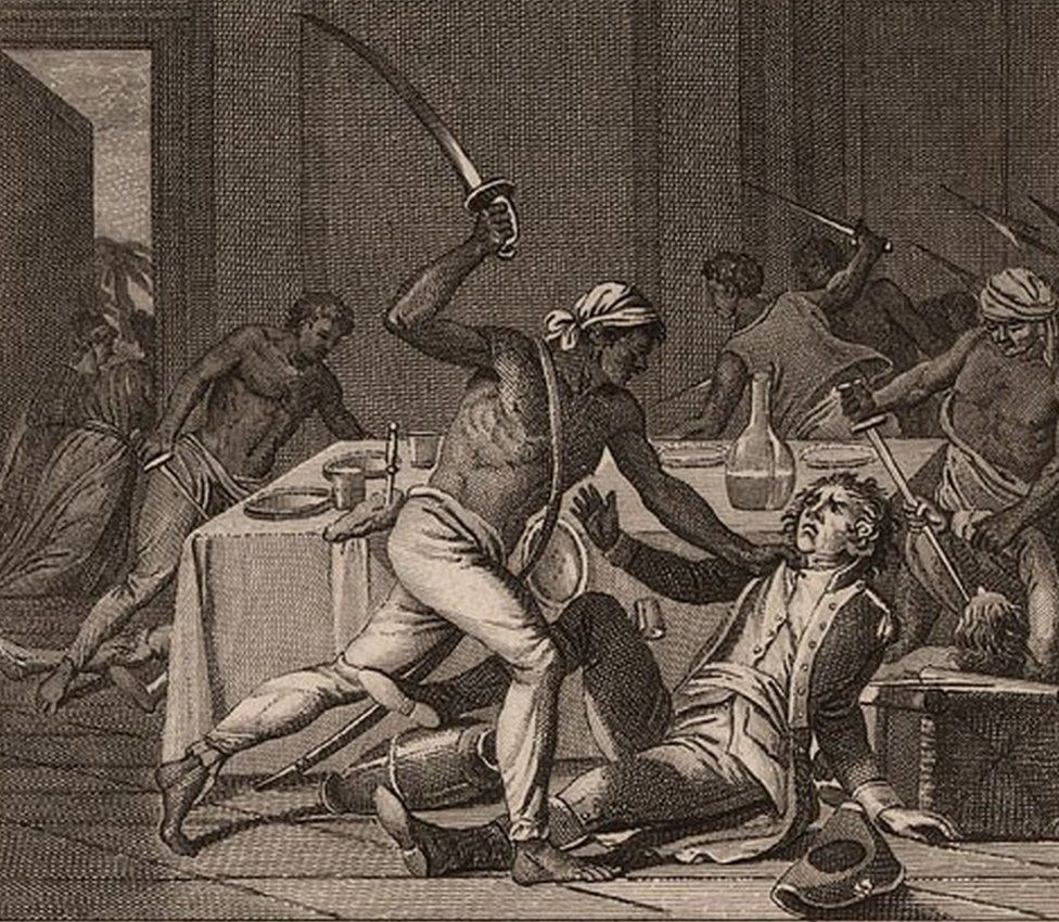 Engraving depicting the slave uprising in Jamaica
