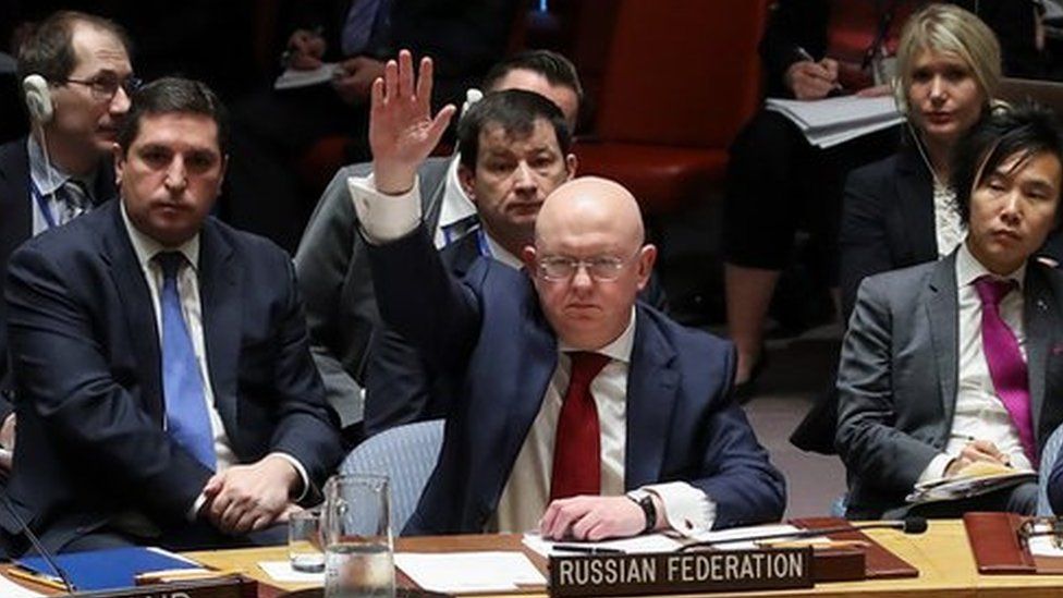 Russian Ambassador to the United Nations Vasily Nebenzya voted in favour of a resolution at the UN security council to condemn a US strike against Syria.