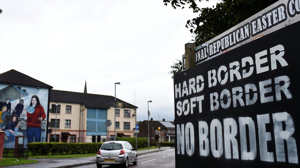 A sign near the Irish border that reads: 'Hard border, soft border, no border'