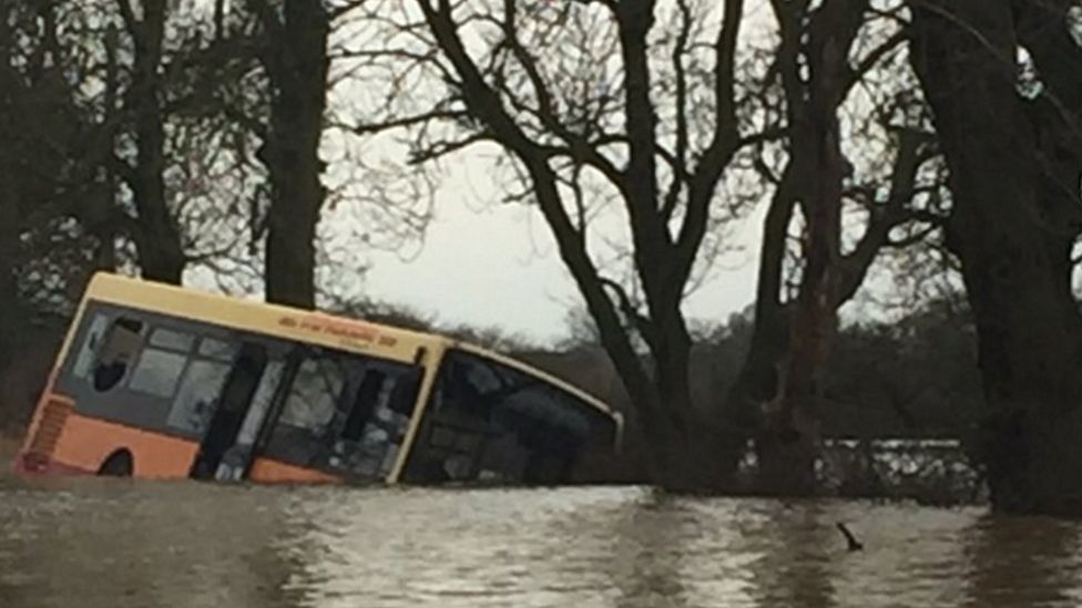 Bus trapped in flood water north of York