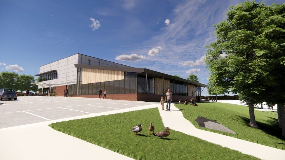 CGI Image of the fitness centre with a car park, patches of grass and people walking