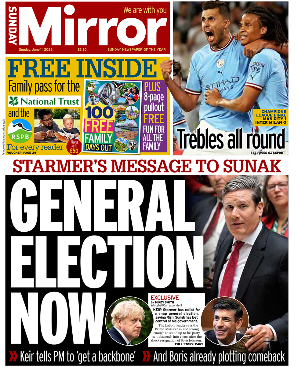 The headline in the Sunday Mirror reads 'General election now'