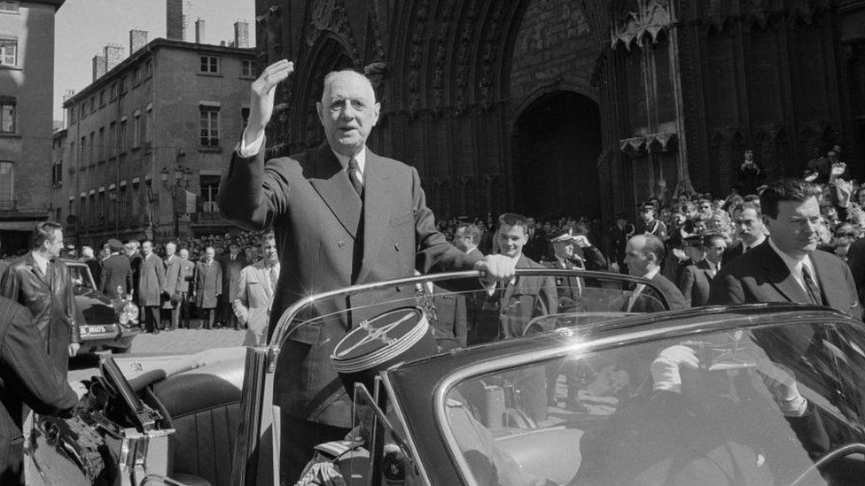 French President Charles de Gaulle, pictured in Lyon in 1968