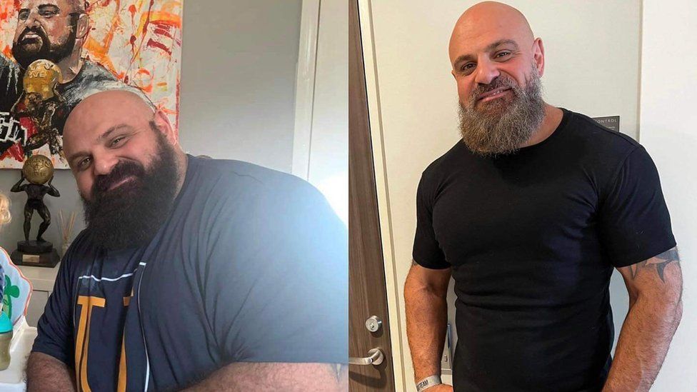 A side-by-side representation of Laurence Shahlaei's weight loss. He is considerably larger in the image on the left.