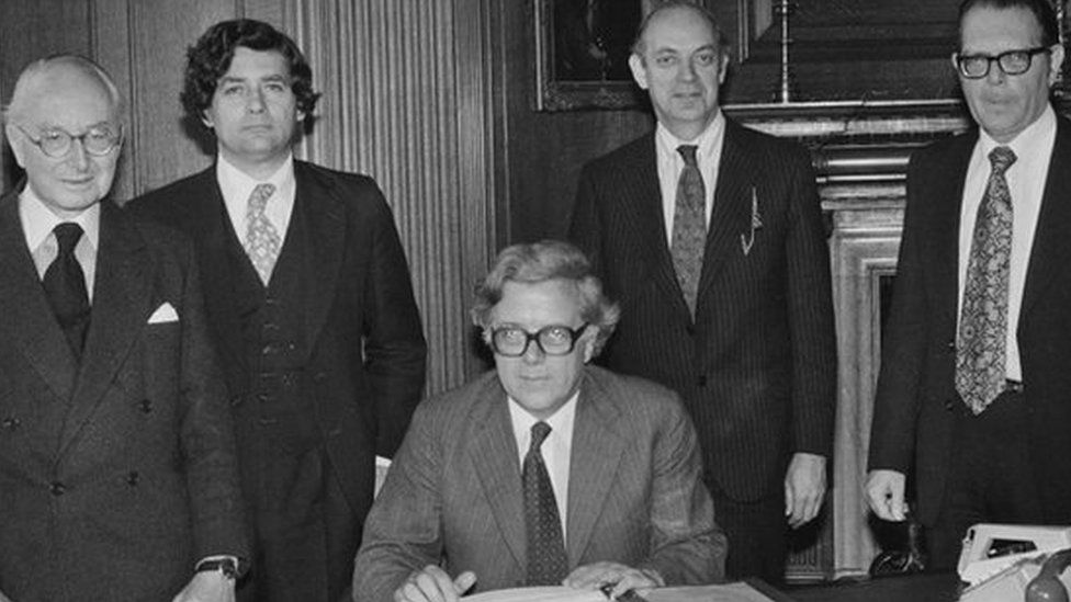 Lawson (second from the left), with Sir Geoffrey Howe and other members of the Conservative Treasury Team in 1979