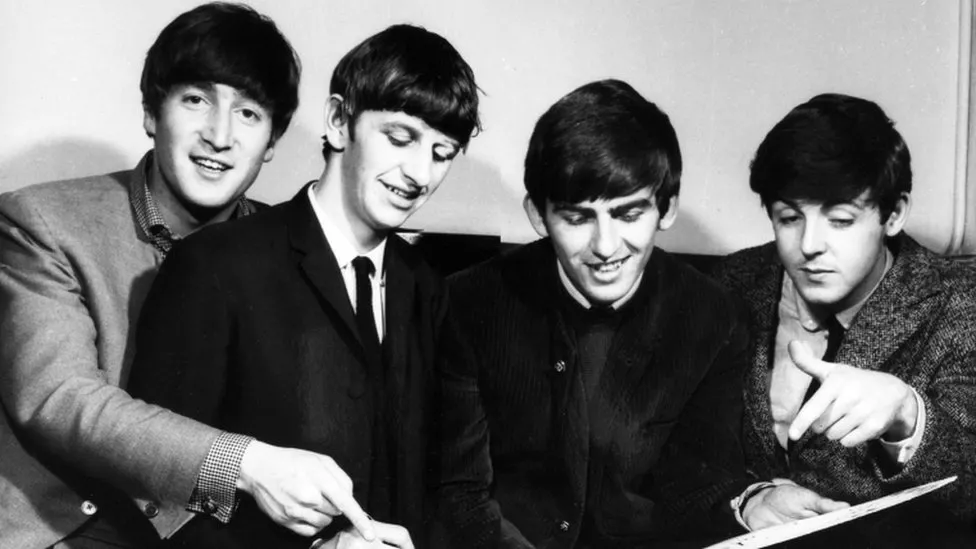 The Beatles - John Lennon, Ringo Starr, George Harrison and Paul McCartney - backstage on Top Of The Pops