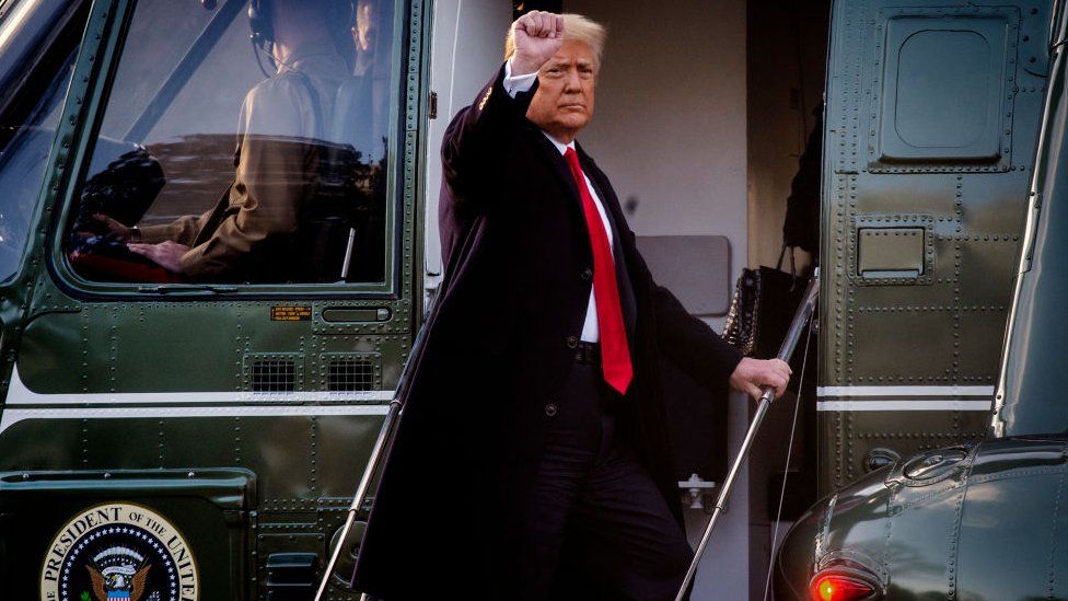 Donald Trump departs the White House for the last time in Washington, DC