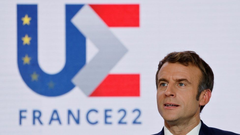 Emmanuel Macron at news conference to mark France's EU presidency