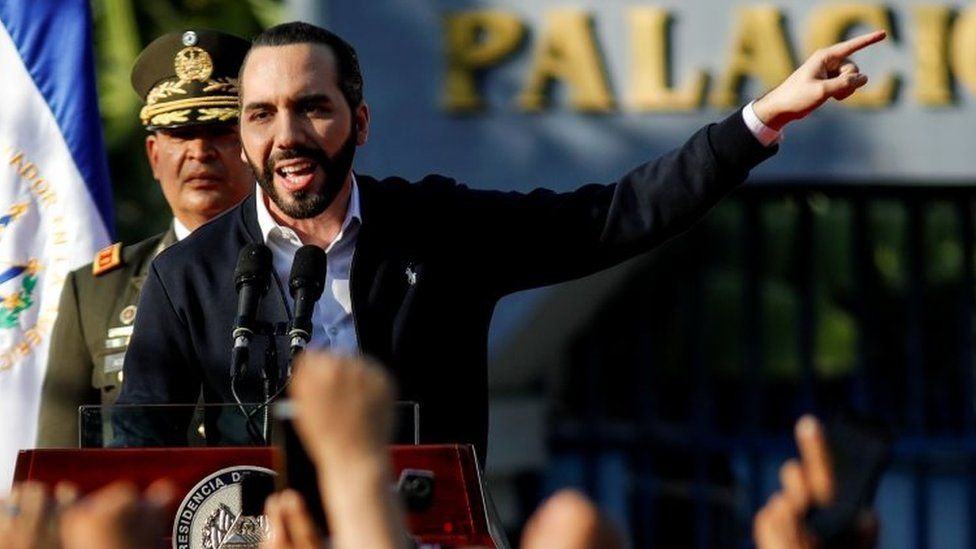 El Salvador's President Nayib Bukele addresses his supporters outside the parliament building in San Salvador. Photo: 9 February 2020