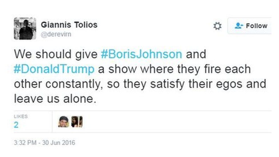 Tweet reads: "We should give #BorisJohnson and #DonaldTrump a show where they fire each other constantly, so they satisfy their egos and leave us alone."