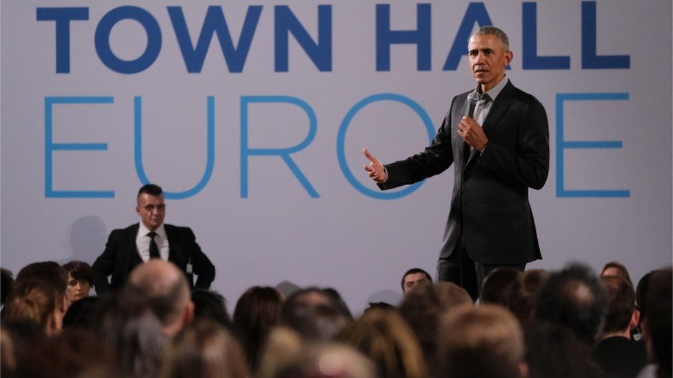 Former U.S. President Barack Obama speaks to young leaders from across Europe