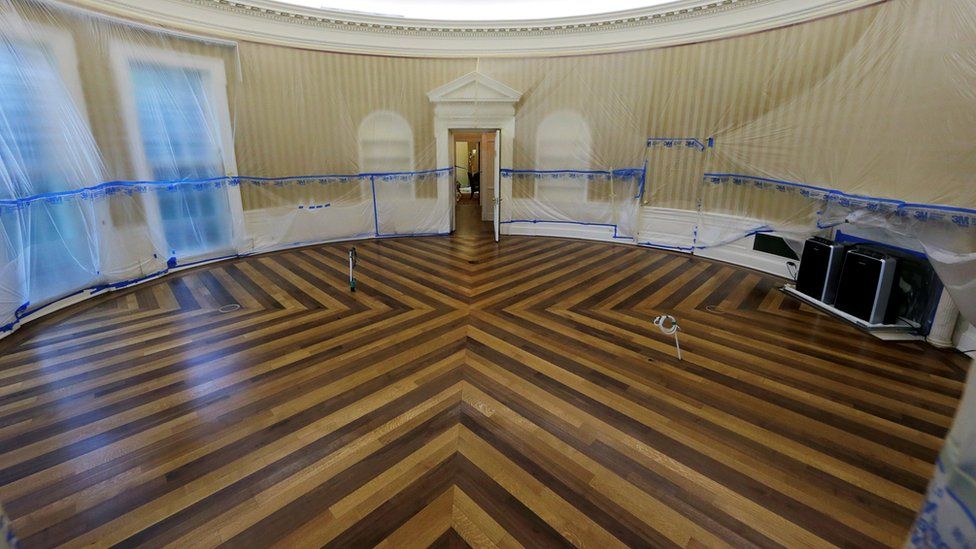 The Oval Office looks a bit different without its typical furnishings