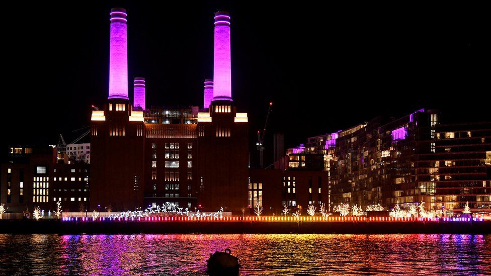 Battersea Power Station lit up in purple for Holocaust Memorial Day