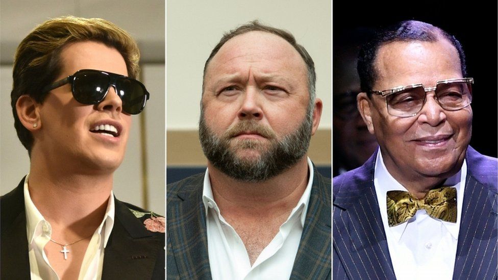 From left, pictured: Milo Yiannopoulous, Alex Jones and Louis Farrakhan