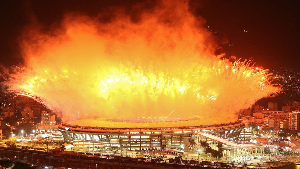 Fireworks explode over Maracana stadium during opening ceremonies for the Rio 2016 Olympic Games on August 5, 2016