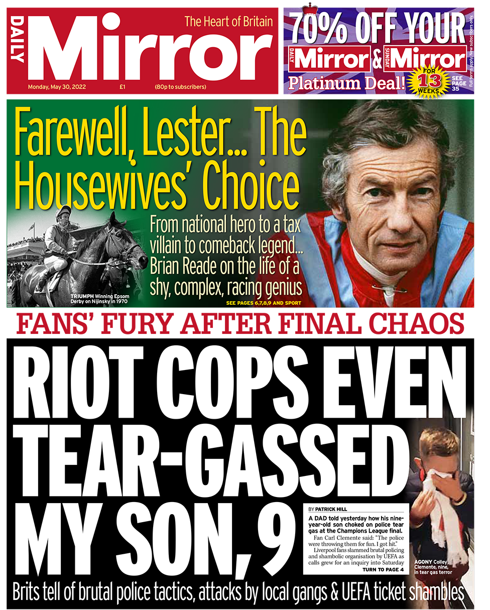 The headline in the Daily Mirror reads 'Riot cops even tear-gassed my son, 9'