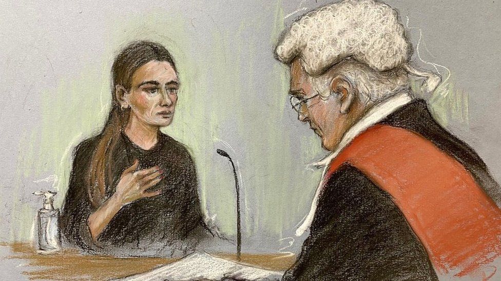 Court artist sketch by Elizabeth Cook of Peta Cavendish giving evidence, watched by Judge David Turner, at Chelmsford Crown Court