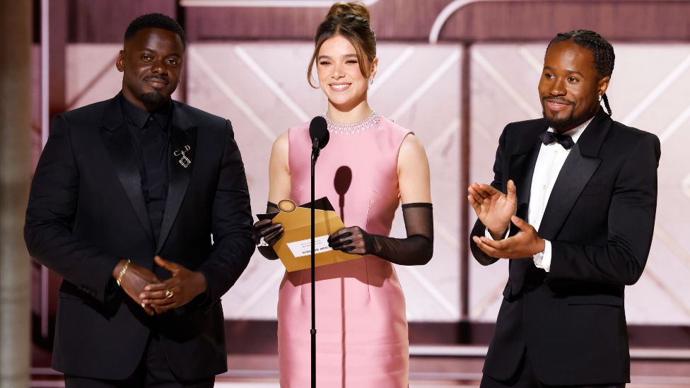 Daniel Kaluuya, Hailee Steinfeld and Shameik Moore at the 81st Golden Globe Awards held at the Beverly Hilton in Beverly Hills, California on Sunday, January 7, 2024