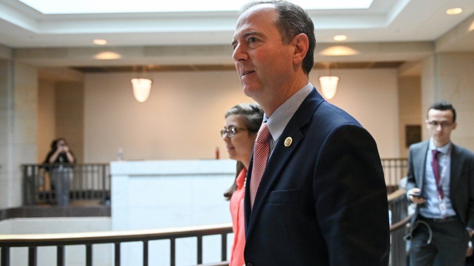 House Intelligence Committee Chair Adam Schiff leaves a hearing with Lt Col Alexander Vindman on Capitol Hill in Washington, October 29, 2019