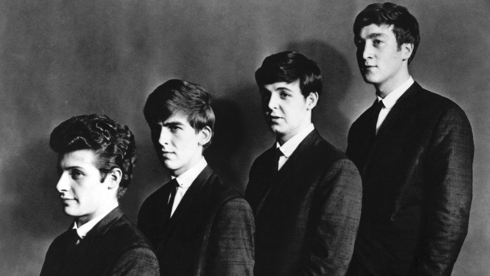 (L-R) Pete Best, George Harrison, Paul McCartney, and John Lennon