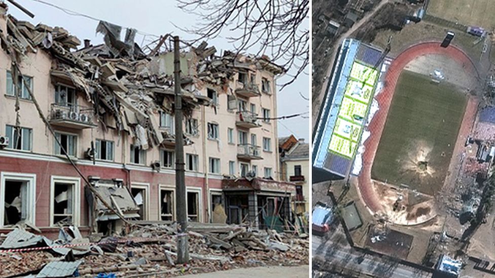 A photo of the destroyed Hotel Ukraine next to a satellite image of the sports stadium in Chernihiv with a large bomb crater on the pitch