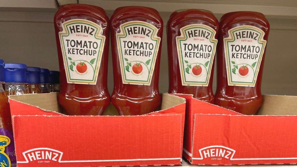 Heinz Ketchup bottles on a supermarket shelf