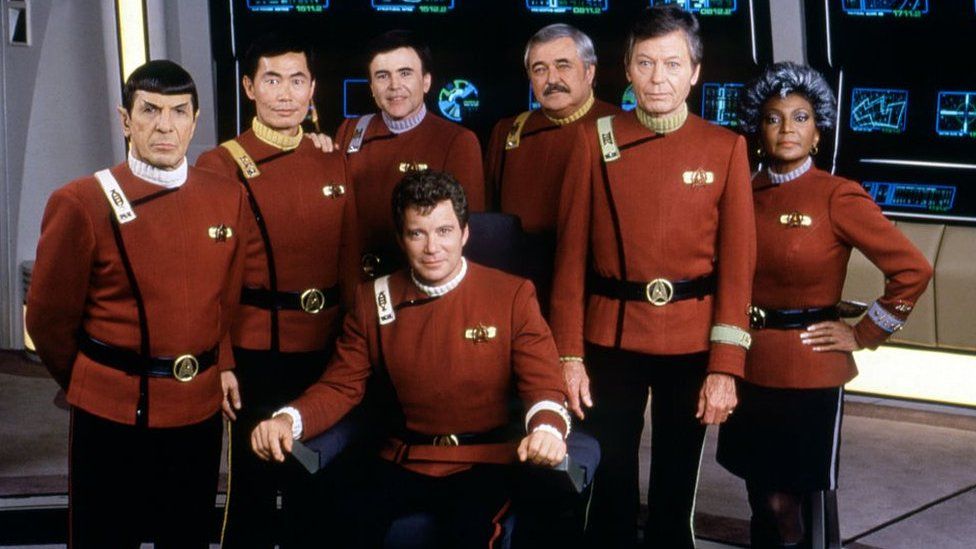 Nichelle Nichols (far right) with her co-stars (R-L) William Shatner, DeForest Kelley, Walter Koenig, George Takei and Leonard Nimoy on the set of Star Trek: The Final Frontier in 1989