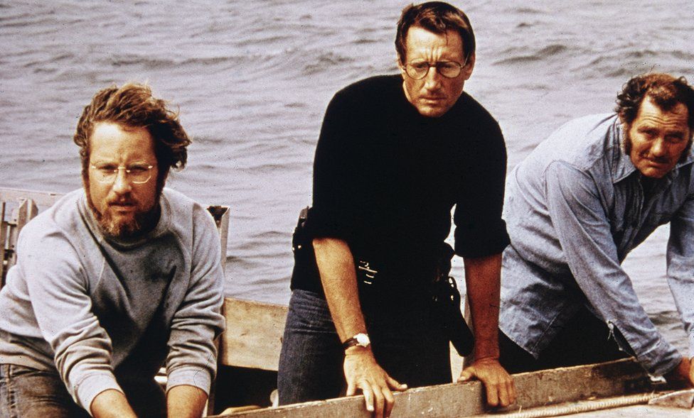 Richard Dreyfuss, Roy Scheider and Robert Shaw filming Jaws