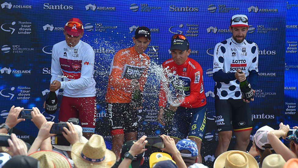 Male winners on stage at Tour Down Under in Australia in 2017