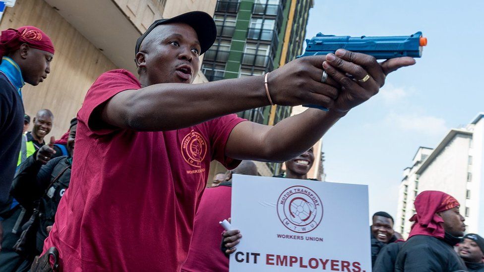 Members of trade unions Fedusa and the Motor Transport Workers Union"s (MTWU) protest through the streets of downtown Johannesburg, South Africa, 12 June 2018.