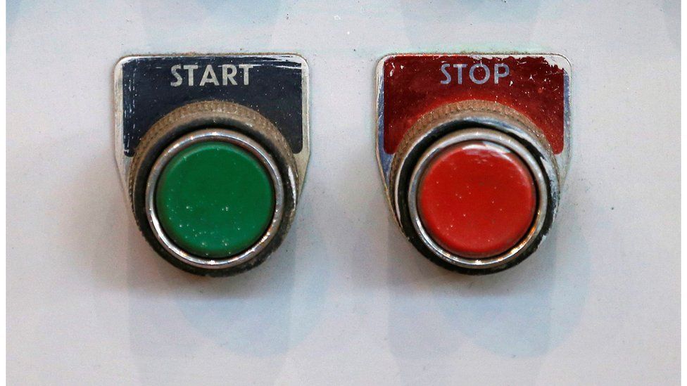 The start and stop buttons in the main turbine hall of Hinkley B