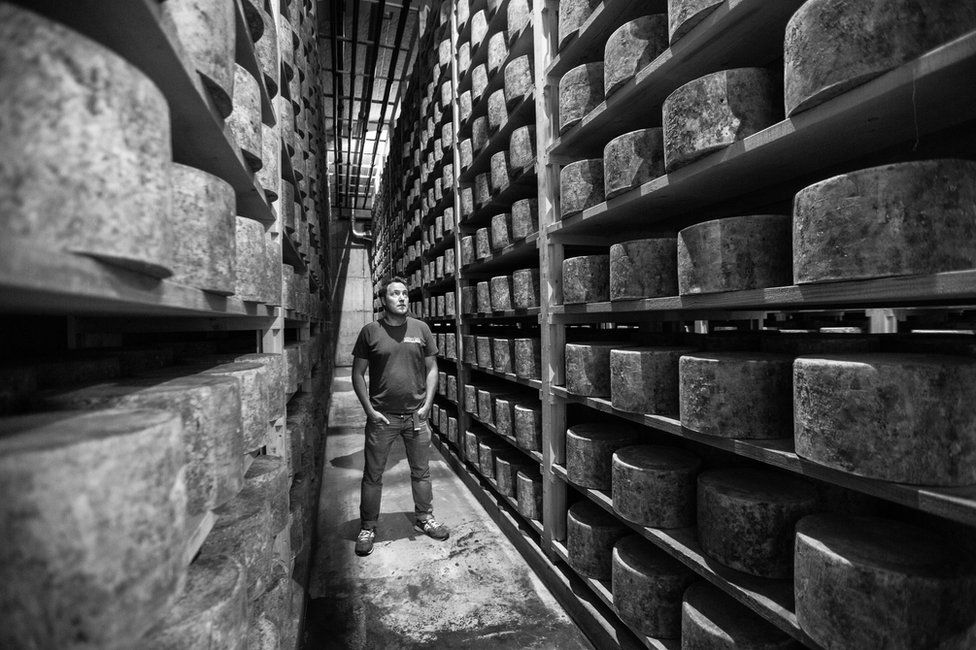A man stands in a cheese storage warehouse